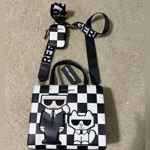 Karl Lagerfeld Chekered Crossbody With Wide Strap And Little Pouch Nwt